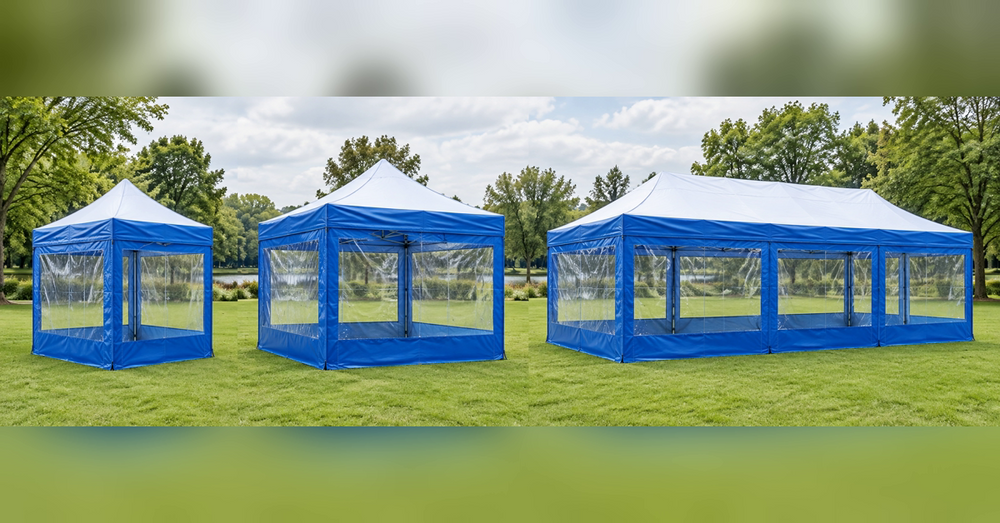 야외 공간에 설치된 2×2m, 3×3m, 3×6m 캐노피 크기 비교